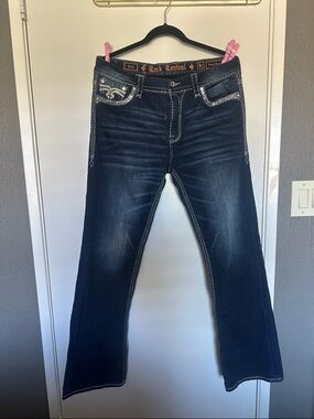 Rock Revival Dark Blue Wide Leg Jeans with Embellished Pockets